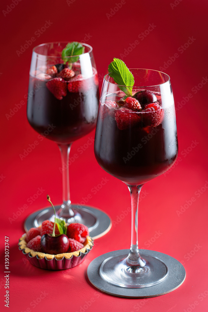 Poster two glasses of dark red beverage garnished with raspberries and cherries alongside a raspberry tart.