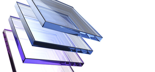 Naklejka premium Abstract 3d black background wallpaper with glass square shapes, iridescent light holographic gradient render. Crystal transparent plates with layer effect, digital design tech banner
