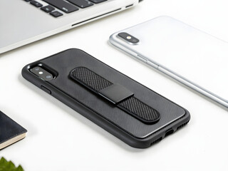 Phone kickstand accessory extended on a sleek black phone case next to a laptop and a silver phone on a minimalist desk