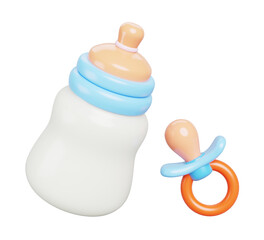 3d baby bottle and pacifier cartoon render icon. Blue plastic container with rubber nipple for feeding newborns, silicone dummy. Children care accessories isolated on white background
