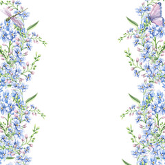 Square frame with delicate forget-me-not flowers, dragonfly and butterfly. Isolated watercolor illustration of garden flowers for design of cosmetic products, printing on posters, clothes.