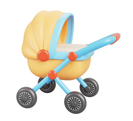 3d baby stroller cartoon render icon. Cute yellow blue carriage for newborn child, kid pram cradle for infant isolated on white background. Transportation for toddlers, motherhood