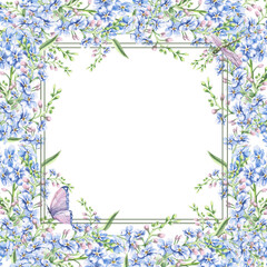 Square frame with forget-me-not flowers, dragonfly and butterfly. Isolated watercolor illustration of garden flowers for design of cosmetic products, printing on posters, clothes.