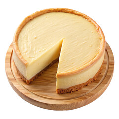 Delicious Creamy New York Style Cheesecake on Wooden Board a Slice Removed