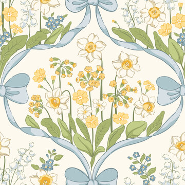 Vintage floral spring garden vector seamless pattern: daffodils, forget-me-nots, cowslips, lilies of the valley, delicate blue ribbon ogees. Botanical cottagecore design with bows and flowers bouquets