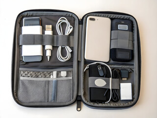 Tech pouch organizer displaying various charging cables, devices, and accessories for efficient storage and travel needs