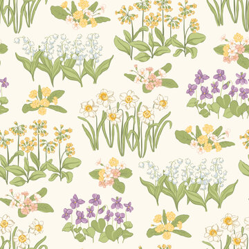 Charming spring botanical vector seamless pattern: daffodils, lily of the valley, violets, primroses, cowslips. Delicate vintage cottage garden print with blooming meadow flowers for fabrics