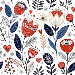 Red Blue Floral Seamless Pattern Design Pretty White Background Modern Art cute bold folk style     