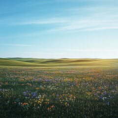 Fototapeta premium image of a sunlit prairie with rolling grasslands dotted with wildflowers isolated on a plain background 