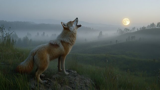 A fox howling at the moon, misty dawn