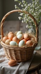 A colorful basket of Easter eggs sits on a rustic table, surrounded by blooming flowers