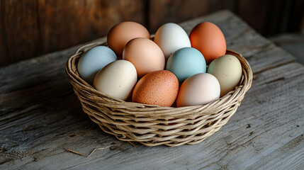 Basket of colorful chicken eggs on a wooden table in the chicken farm