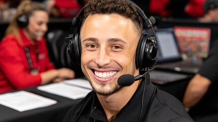 Smiling man wearing headphones and a microphone at an event