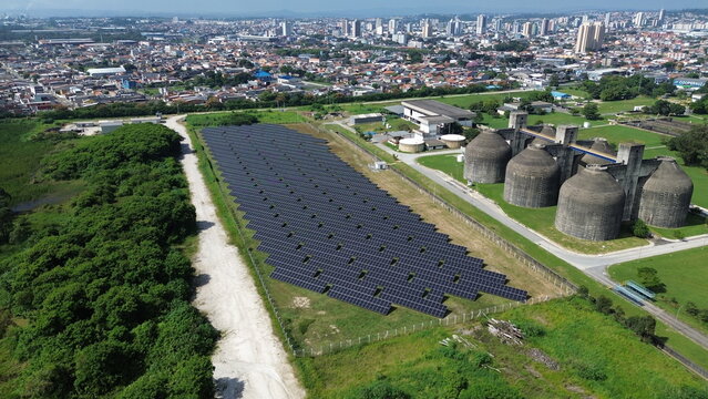Aerial View of Solar Energy Field Beside Wastewater Treatment Plant &ndash; Suzano, Brazil