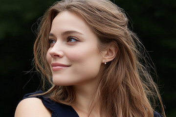 Naklejka premium attractive woman with half up half down hairstyle brunette profile closeup outdoors fresh natural makeup 