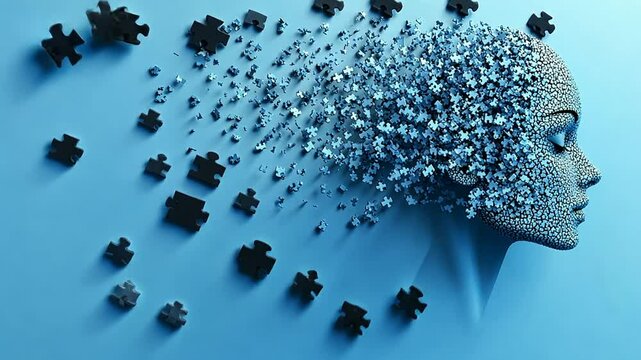 Abstract Puzzle Head with Dispersing Pieces, Creative Concept of Memory Loss