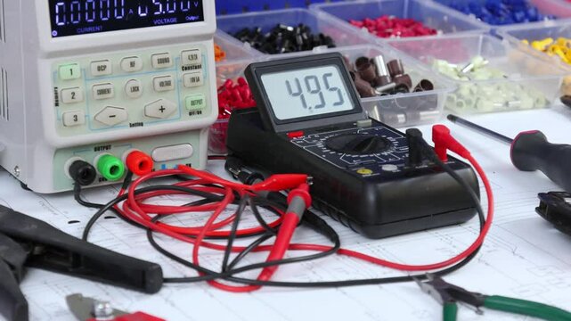 Digital Multimeter and Mounting Tools for Electrical Switchboard Assembly on Electronic Digram. 