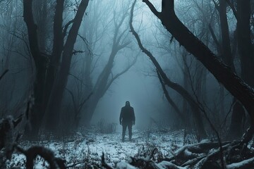 Gloomy figure walks a path through a misty, snowy forest