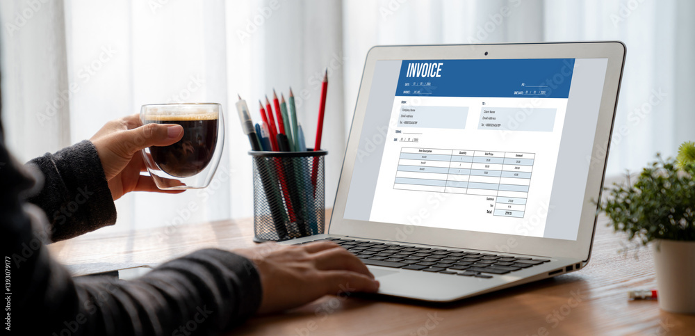 Poster invoice on computer screen from accounting application. computer program for financial and budget of