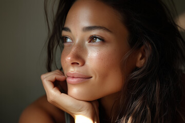 close up black african mixed race glowing skin freckles tanned thick eyebrows woman young hazel eyes model fresh glow clean skincare natural makeup modern smiling plain white studio background