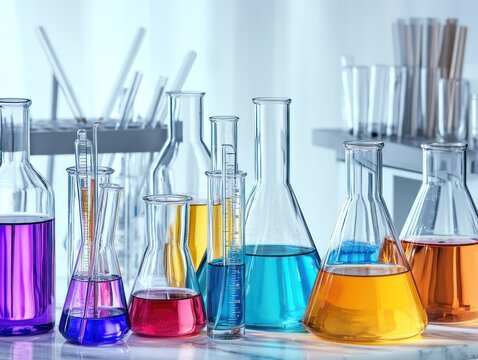 A pristine set of lab glassware including conical flasks pipettes burettes filled with vibrant chemical solutions adorning white marble laboratory bench.