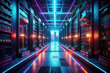 Futuristic Data Center: Glowing Servers, Network, Digital Technology Stock Image