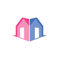 A modern and minimalist logo featuring two mirrored house icons in pink and blue, symbolizing real estate, property and housing services.