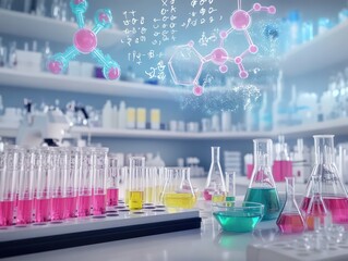 A scientific laboratory filled with bright colorful reagents test tubes precision scales showcasing detailed molecular diagram chemical equations floating above.