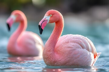 Fototapeta premium Two vibrant pink flamingos are gracefully wading through clear waters as sunlight glimmers on their feathers, capturing the peaceful atmosphere of their natural habitat