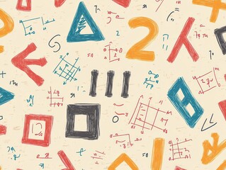 A seamless pattern of various mathematical symbols equations set against bold contrasting color palette for maximum visual impact.