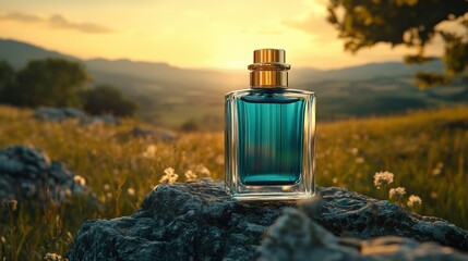 A perfume bottle sits on a rock, amidst a field at sunset
