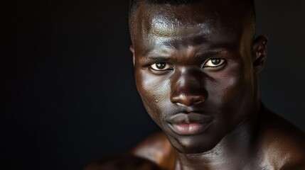 A portrait of a person with a determined look, their dark skin catching the light against a dim backdrop