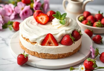 Elegant strawberry cream cheese cake on white marble, spring-themed brunch dessert, strawberry cake,  springtime