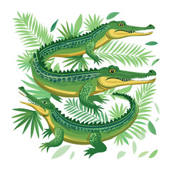 Three Green Crocodiles in a Tropical Jungle Setting