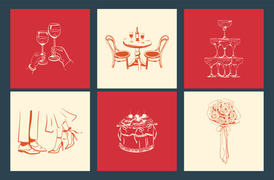 A set of romantic sketches on the theme of love and wedding. A hand-drawn cherry dessert in ink or chalk, a bride's bouquet, a couple in love, a tower of wine glasses.