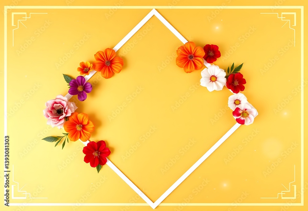 Poster Golden Diamond Frame Design, Ideal For Invitations And Announcements. Elegant Backdrop With Flowers, Perfect For Adding Custom Text. A Festive Decorative Element. Use For Celebrations And Greetings.