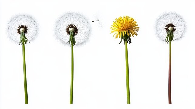 Four stages of dandelion growth showcasing transformation from flower to seed dispersal