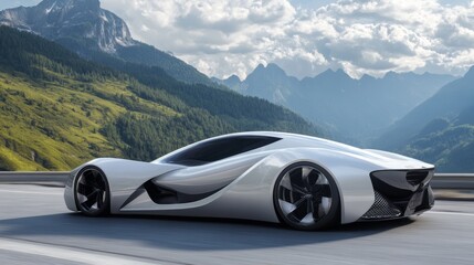 A sleek and modern sports car driving on a scenic mountain road, fast and powerful 