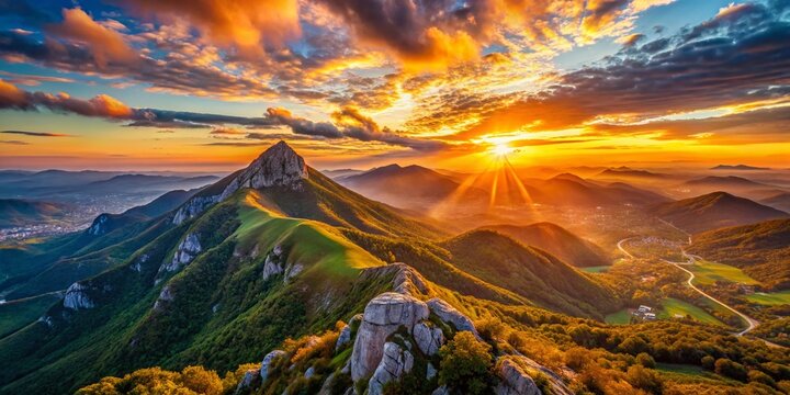 Breathtaking Aerial Panorama of Sunrise over Mount Rtanj Peak in Siljak Serbia A Majestic Dawn