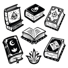 Hand-Drawn Book Stack Doodle Set &ndash; 6 Unique Black and White Sketch Illustrations