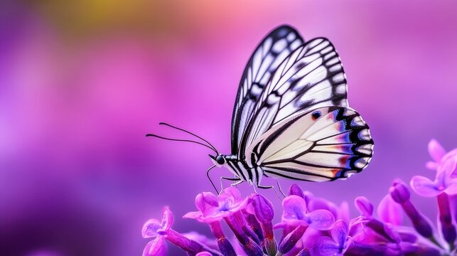 A delicate butterfly perched on vibrant purple flower in a serene garden setting