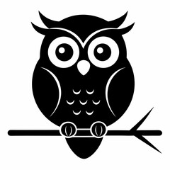 Owl Silhouette on Branch – Black Nocturnal Bird Icon with Big Eyes