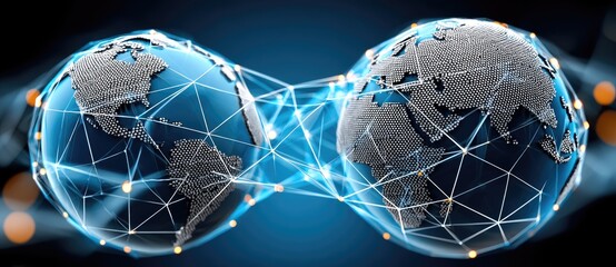 A digital illustration depicting interconnected globes symbolizing global connectivity and technological networks.