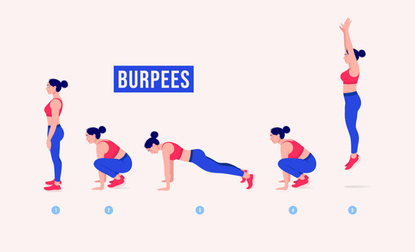 Burpees exercise, Woman workout fitness, aerobic and exercises