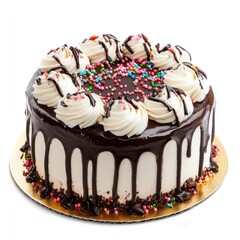 A delectable chocolate cake, beautifully decorated with frosting and sprinkles, on white backdrop