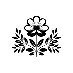 Elegant Black Flower with Leaves, Minimalist Design, Vector Illustration