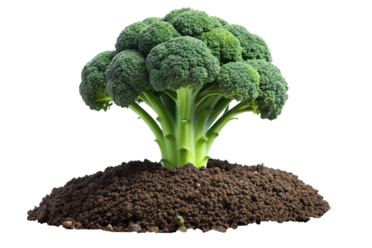 A vibrant green broccoli plant flourishing from rich dark soil against a stark white background a healthy and thriving vegetable in its natural environment showcasing its beautiful structure and color