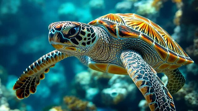 Majestic Sea Turtle Gracefully Swimming in Vibrant Coral Reef