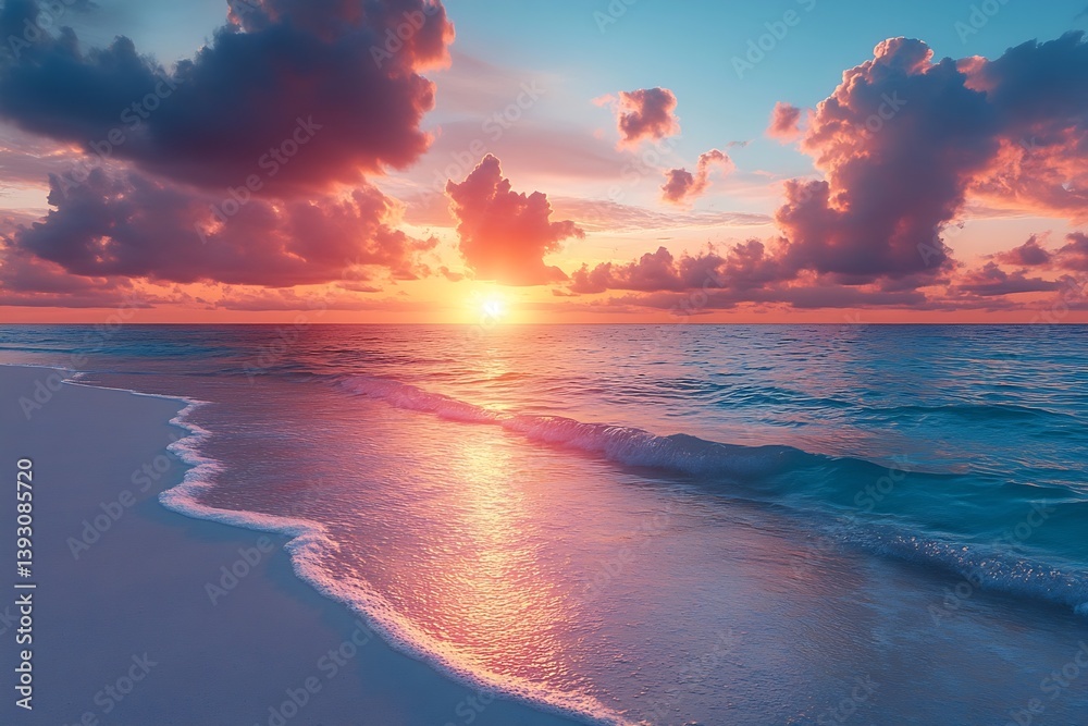 Poster beautiful ocean sunset with golden light reflecting on the water and clouds serene beach scene tranq