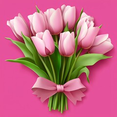 Obraz premium A lovely bouquet of pale pink tulips tied with a matching ribbon, against a vibrant pink background. The image is highly detailed and realistic